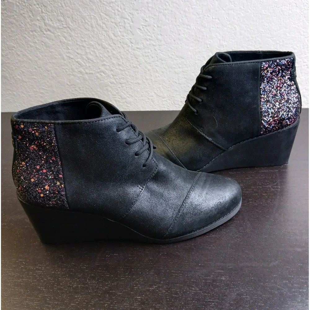 TOMS Kala Black Metallic Multi Glitter Lace Up Wedge Ankle Booties Womens 9